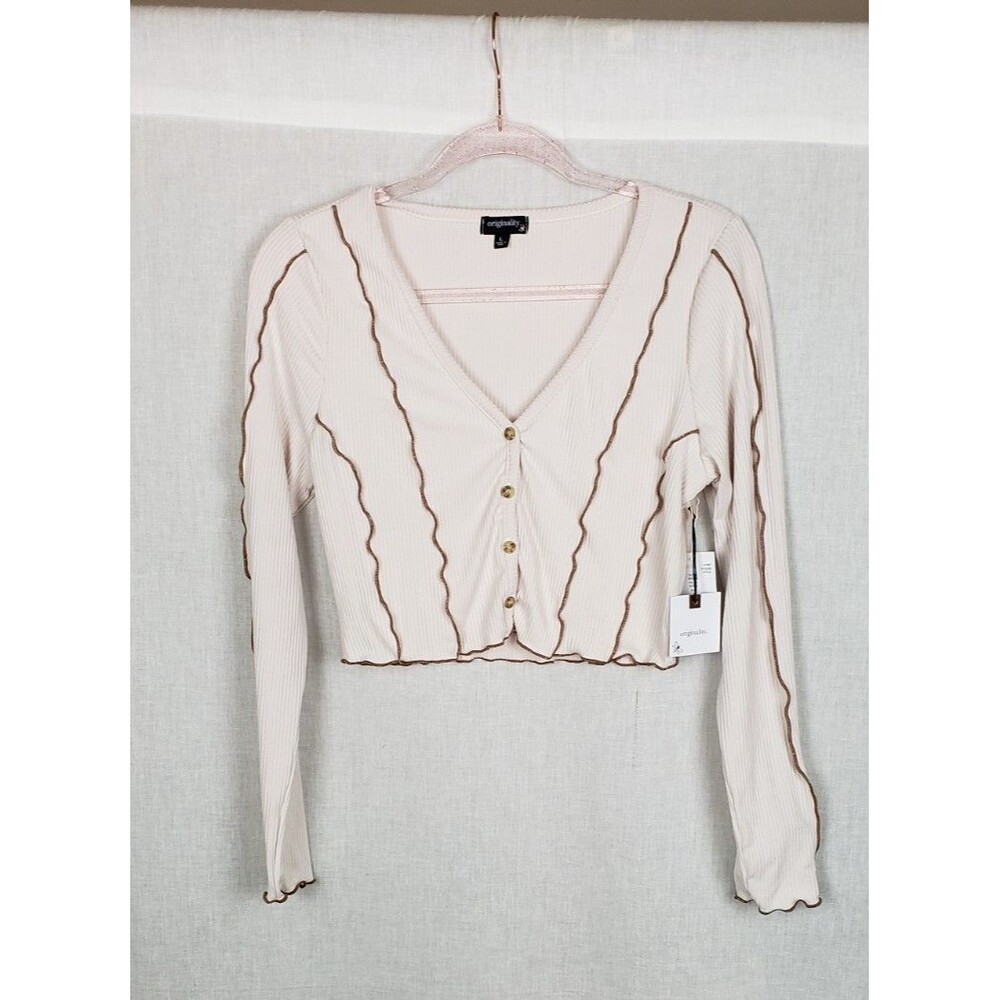 Originality‎ Cardigan L Ribbed Lettuce Trim Beige Bella Swan Alternative USA
